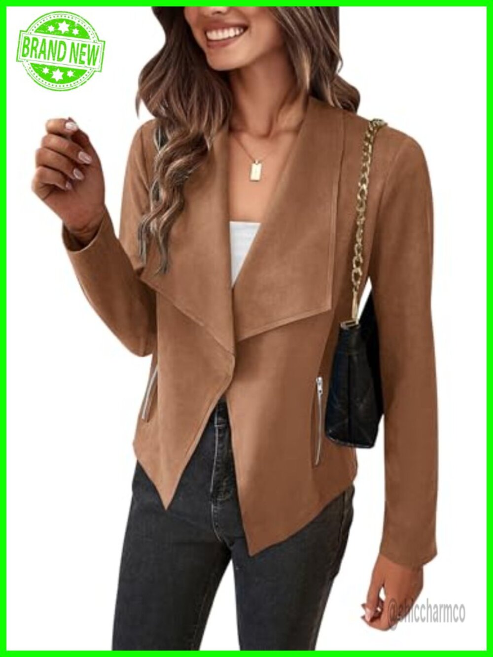 Women's Faux Suede Cropped Jacket Waterfall Collar Long Sleeve Coat
